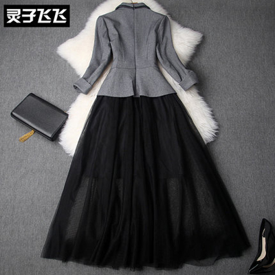 秋季复古长裙网纱拼接西