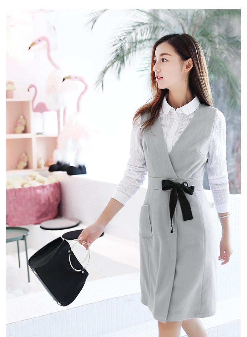 棉立方V领收腰韩版连衣裙银灰左侧