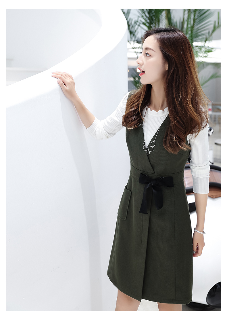 棉立方V领收腰韩版连衣裙军绿左侧