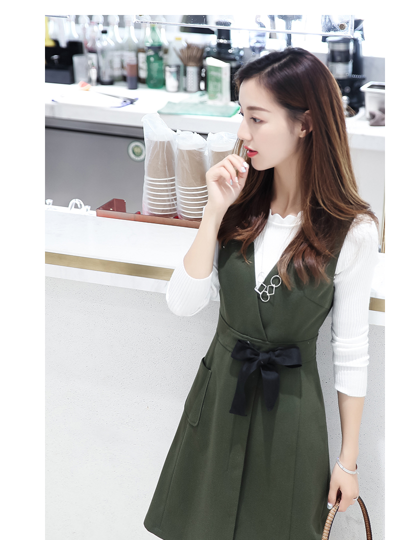 棉立方V领收腰韩版连衣裙军绿左侧