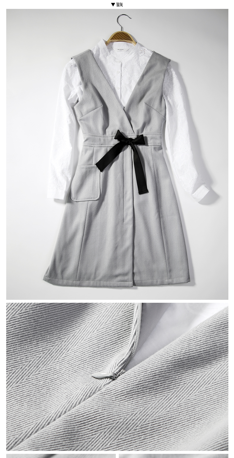 棉立方V领收腰韩版连衣裙领口/袖子/腰部/裙摆/拉链