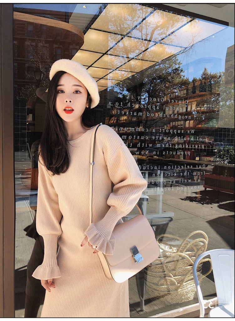 针织毛衣小香风内搭连衣裙杏色右侧