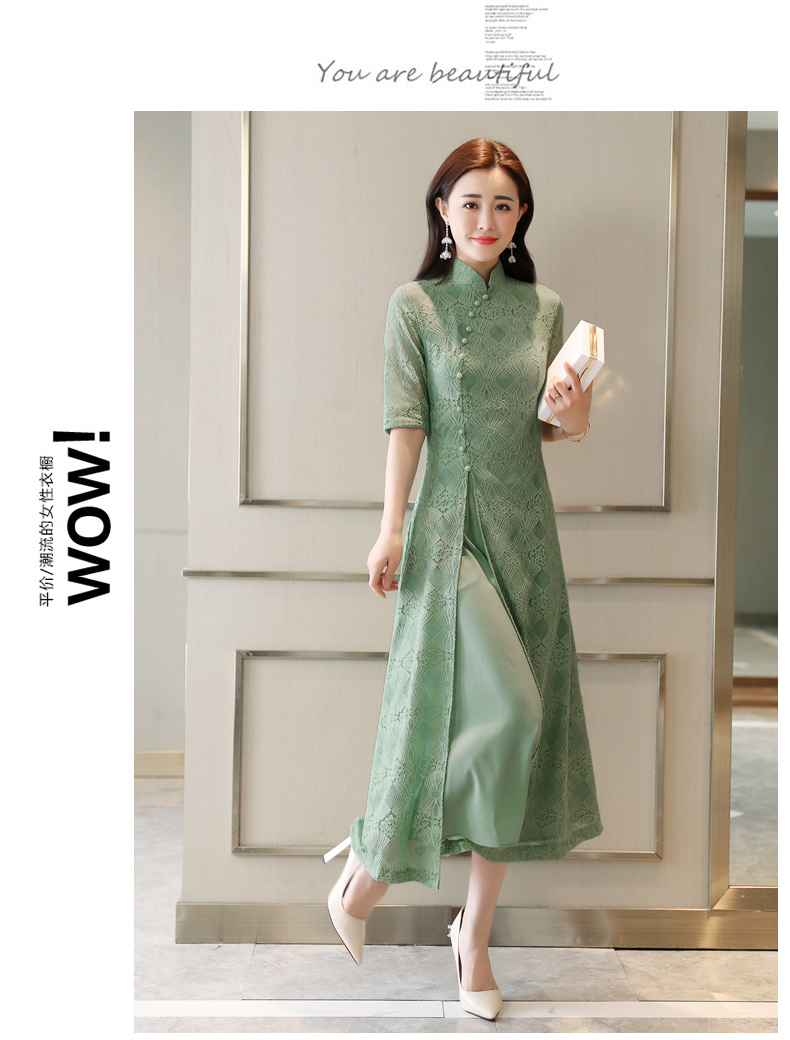 夏季中年女子气质连衣裙浅绿右侧