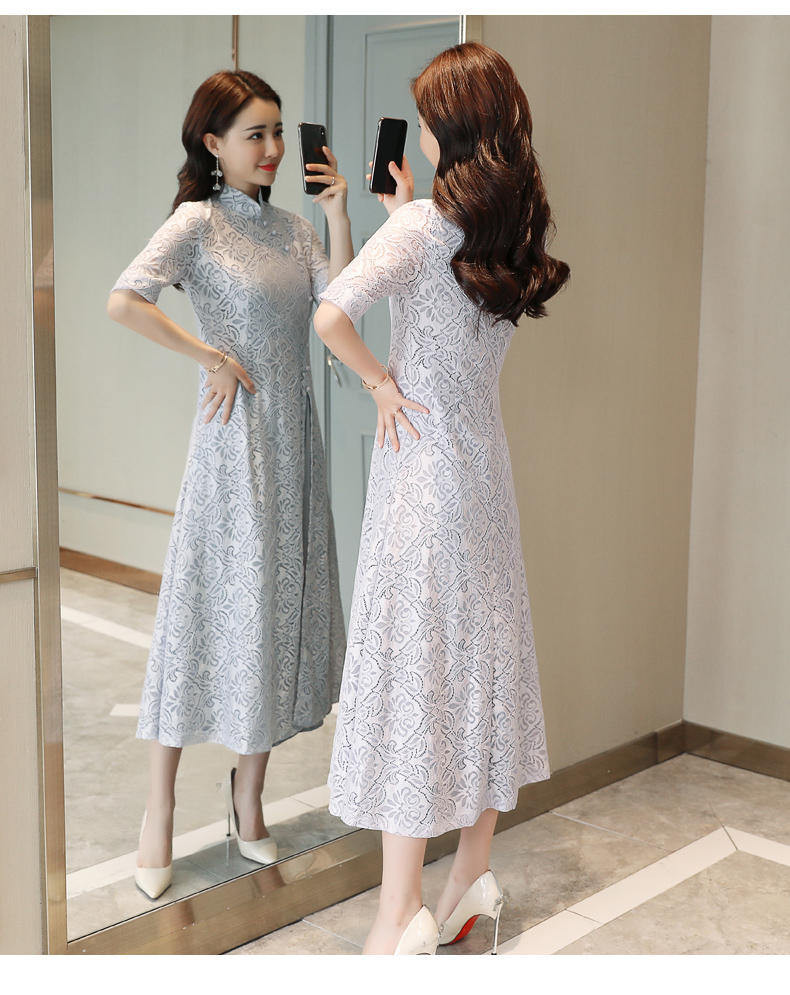 夏季中年女子气质连衣裙灰色左侧背面