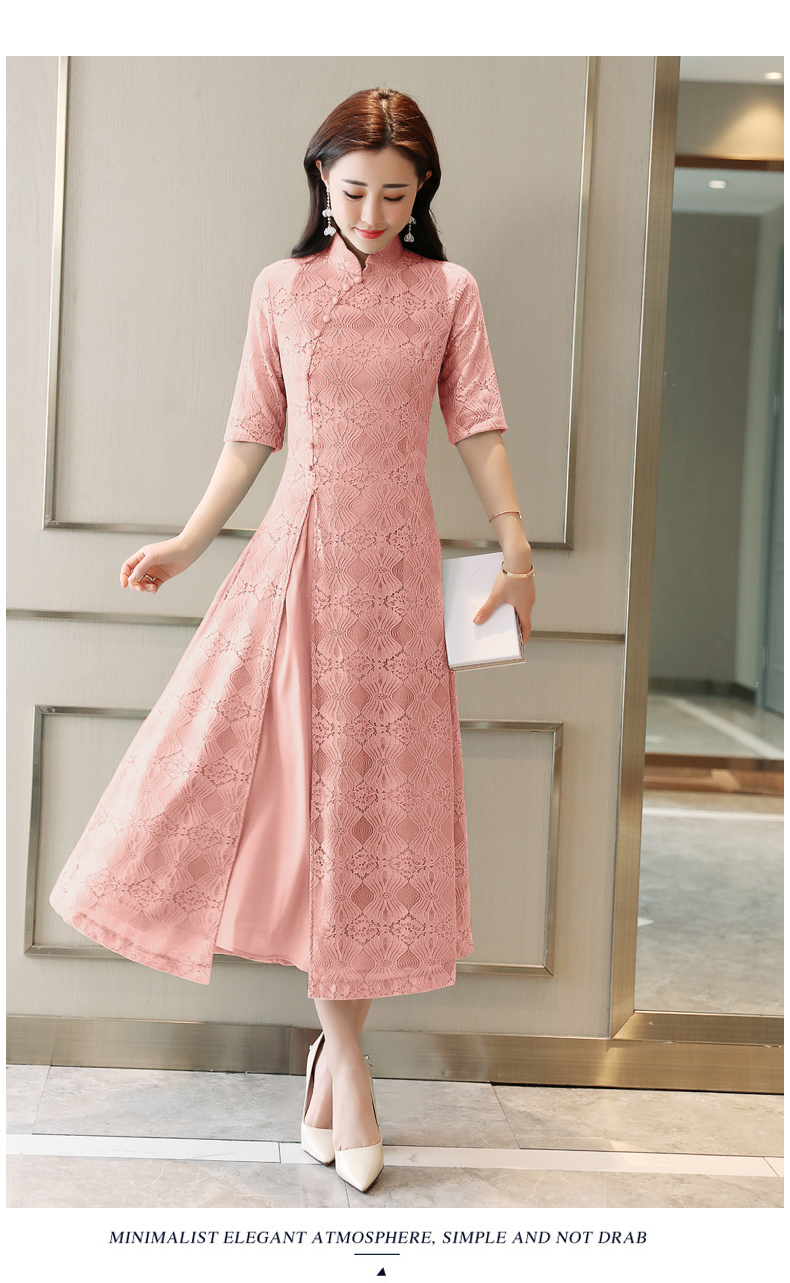 夏季中年女子气质连衣裙粉红色正面