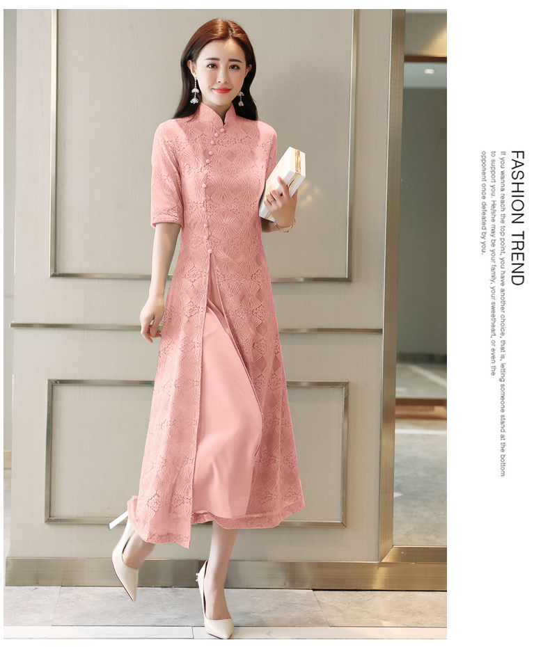 夏季中年女子气质连衣裙粉红色右侧