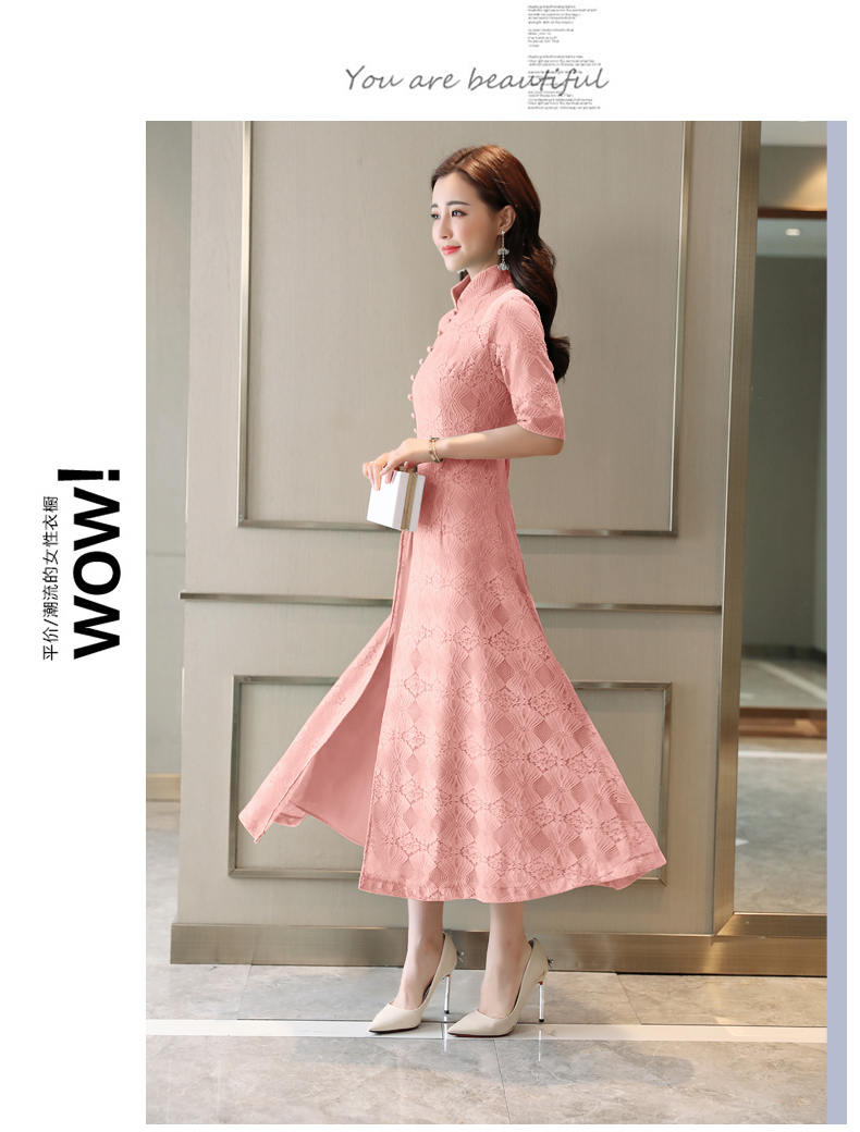 夏季中年女子气质连衣裙粉红色左侧