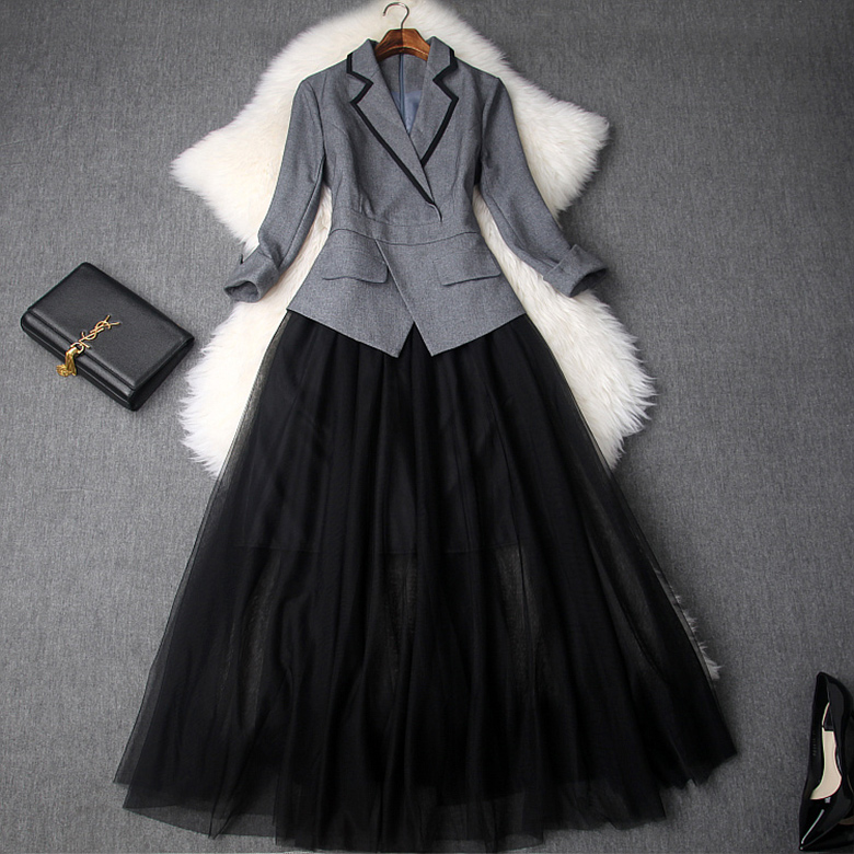 灵子飞飞网纱拼接西装连衣裙正面