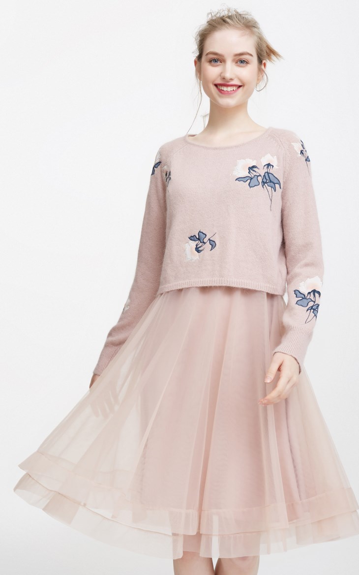 Vero Moda春季刺绣纱质针织衫两件套连衣裙斑比粉色正面