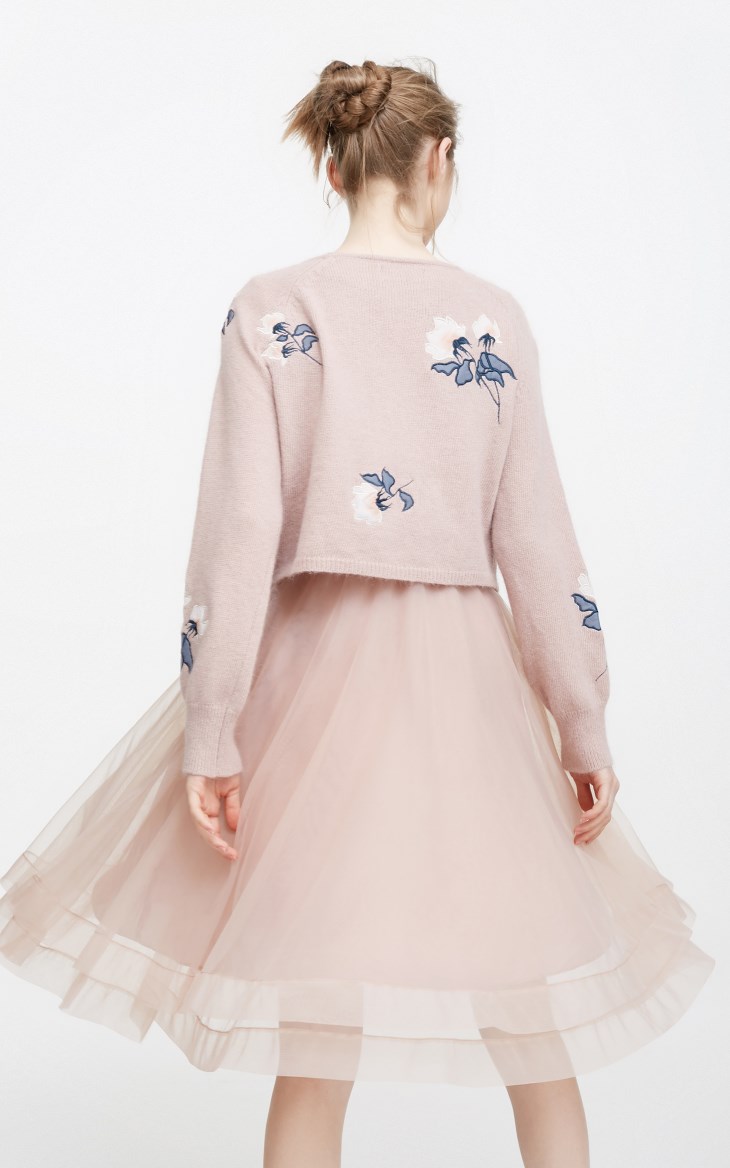 Vero Moda春季刺绣纱质针织衫两件套连衣裙斑比粉色背面
