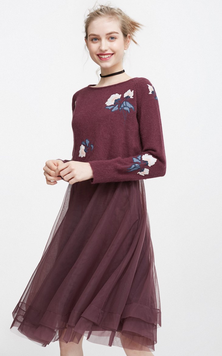 Vero Moda春季刺绣纱质针织衫两件套连衣裙品萄红左侧