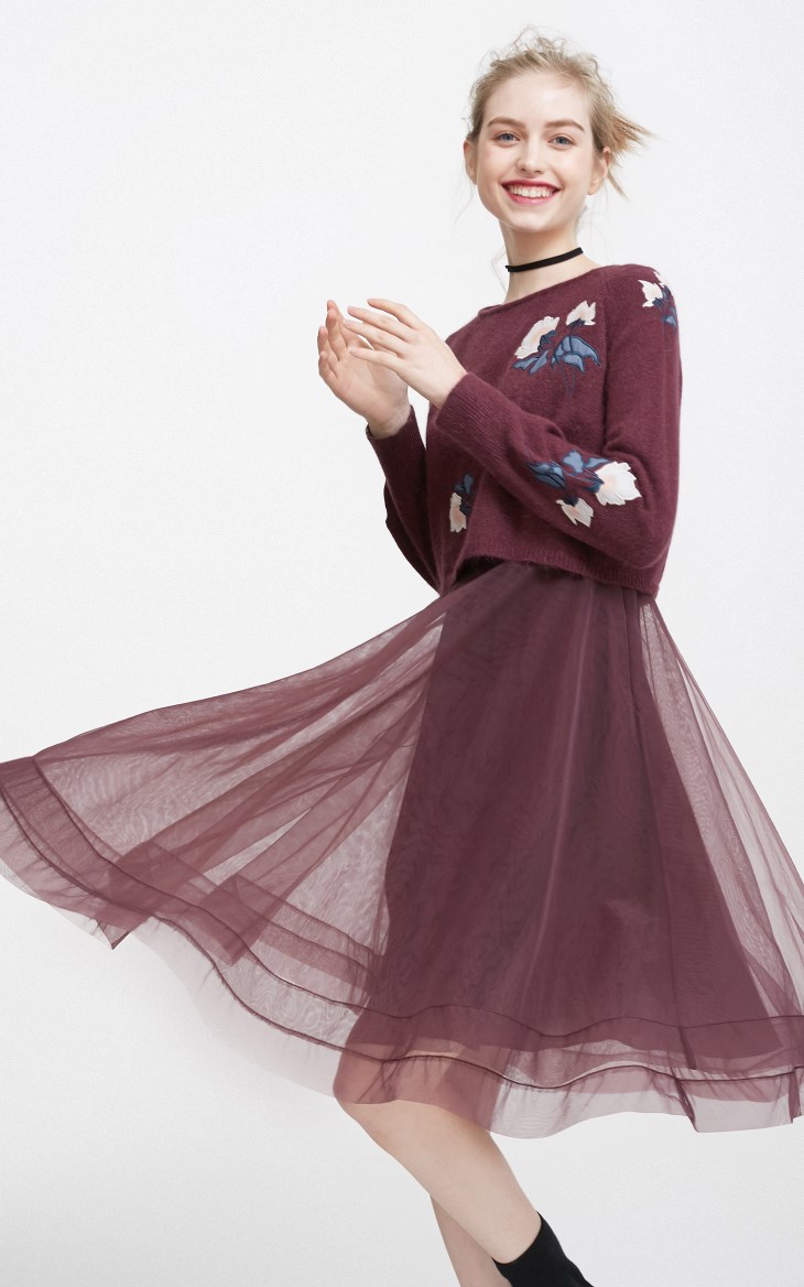 Vero Moda春季刺绣纱质针织衫两件套连衣裙品萄红左侧