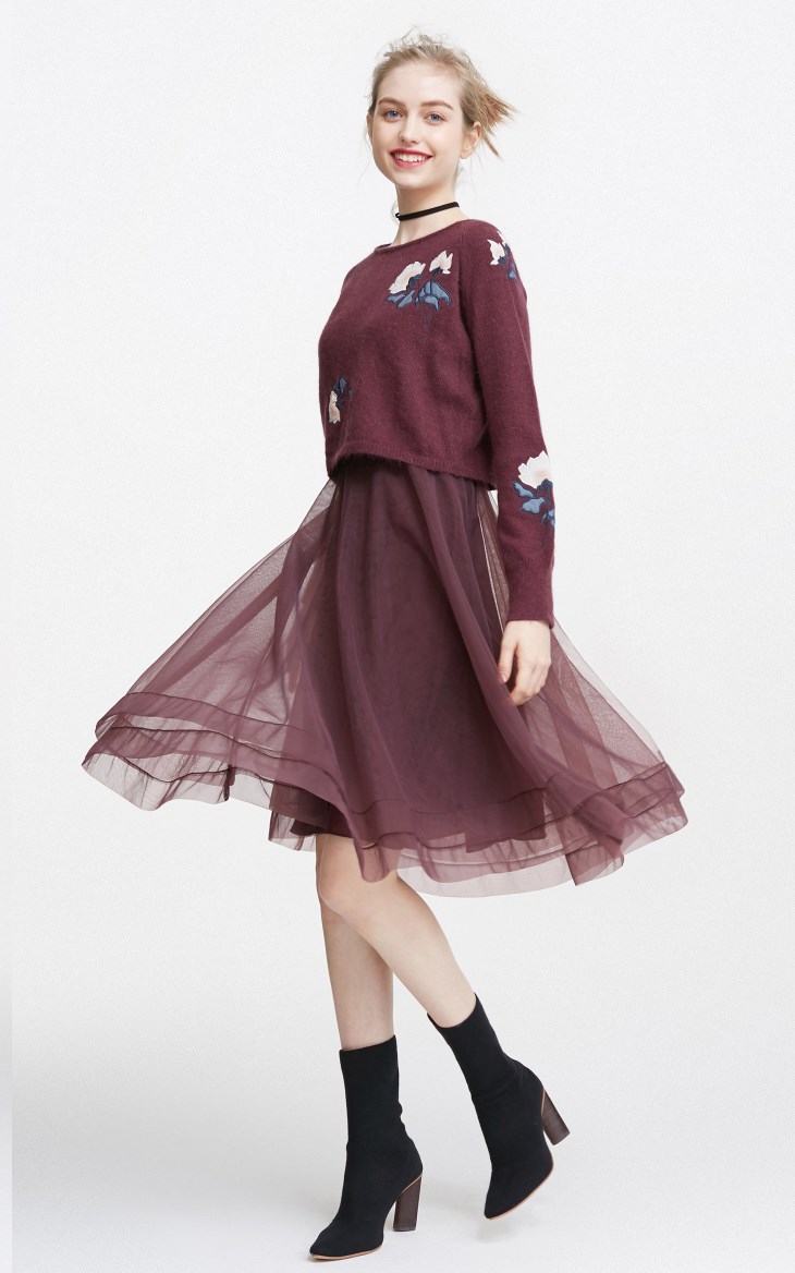 Vero Moda春季刺绣纱质针织衫两件套连衣裙品萄红右侧