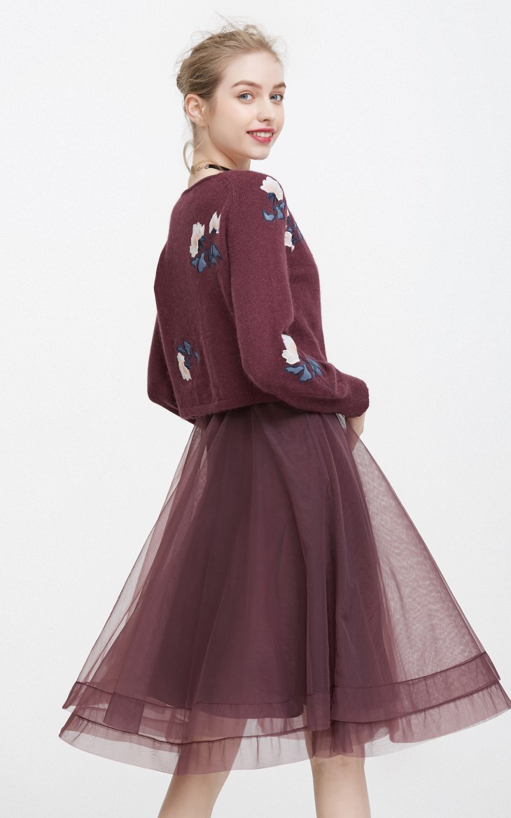 Vero Moda春季刺绣纱质针织衫两件套连衣裙品萄红右侧背面
