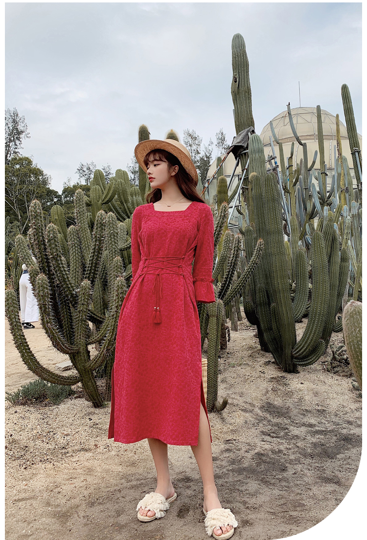 棉立方春装新款法式绣花小众连衣裙石榴红左侧