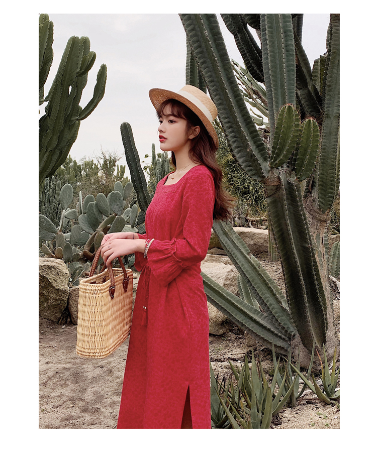 棉立方春装新款法式绣花小众连衣裙石榴红左侧