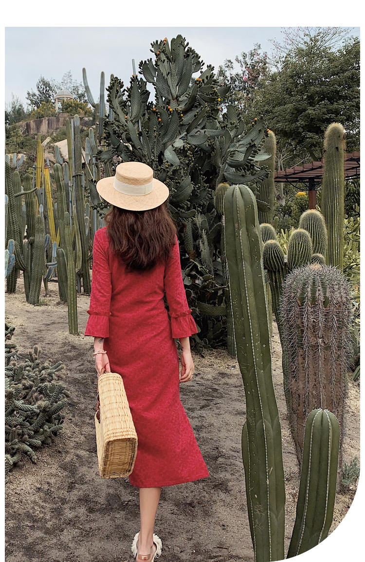 棉立方春装新款法式绣花小众连衣裙石榴红背面