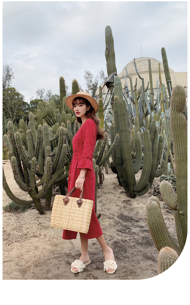 棉立方春装新款法式绣花小众连衣裙石榴红左侧