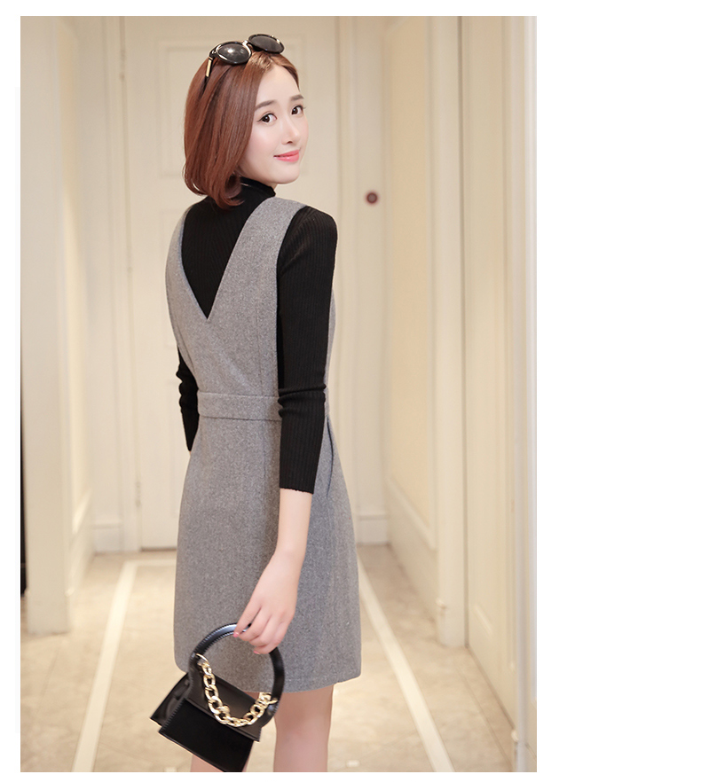 秋季韩版无袖百搭毛呢背带裙右侧背面