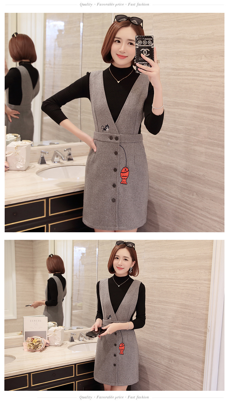 秋季韩版无袖百搭毛呢背带裙正面