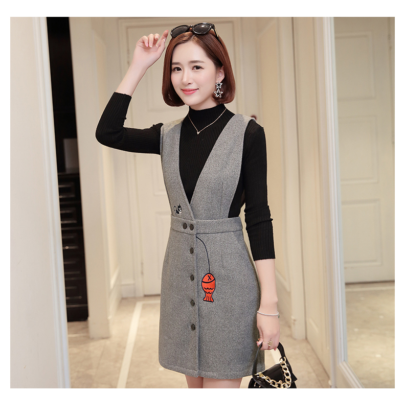 秋季韩版无袖百搭毛呢背带裙左侧