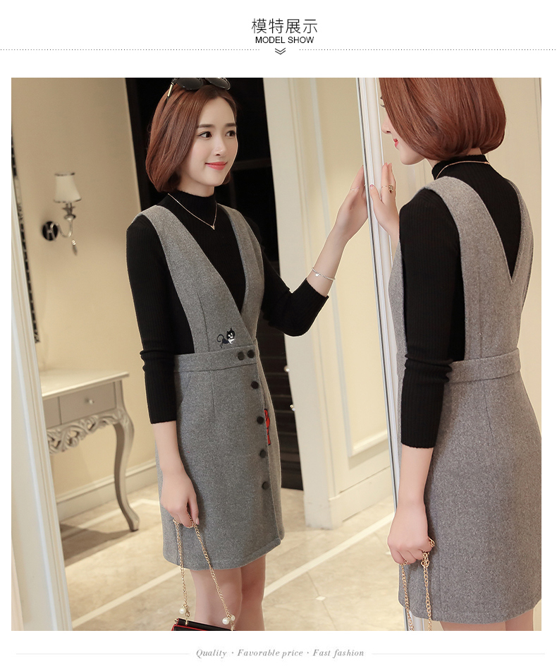 秋季韩版无袖百搭毛呢背带裙左侧背面